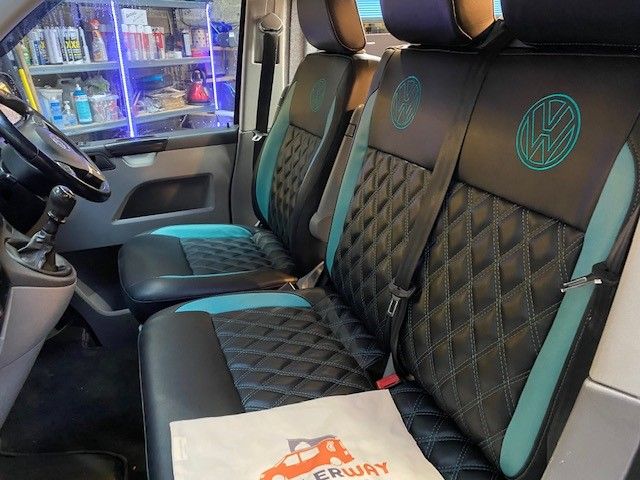 blue customer upholstery in a camper van conversion